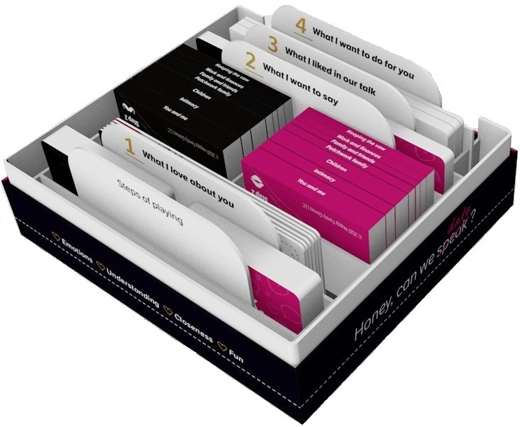 view of an open box with many items organized in four compartments