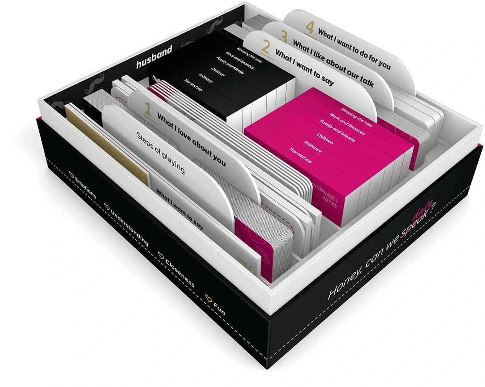 view of an open box with many items organized in four compartments